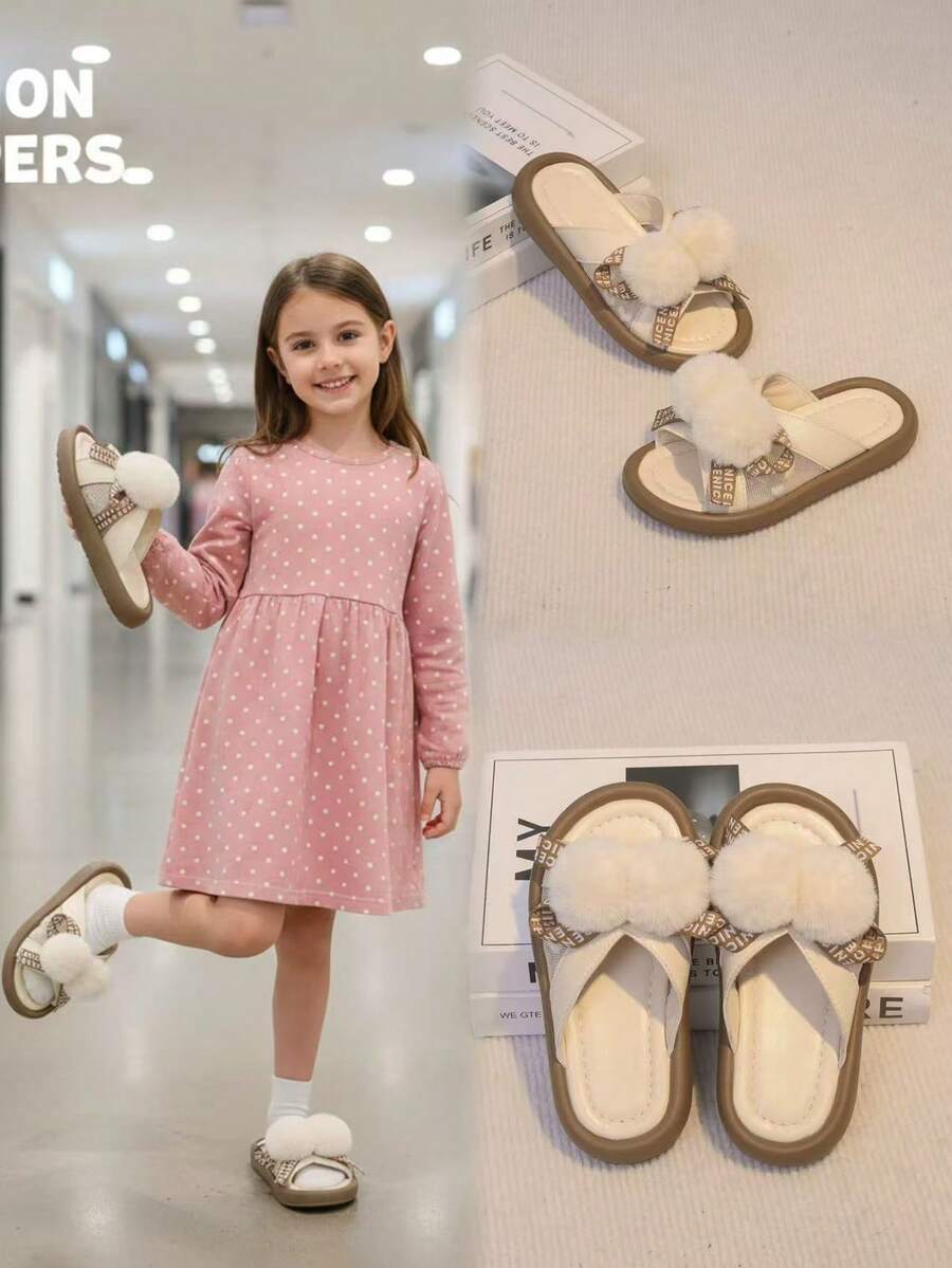 1双婴儿/幼儿女童时尚套脚拖鞋，柔软皮革交叉蝴蝶结装饰，配以蓬松绒球，经典圆头室内家居拖鞋，适合3-15岁女孩，日常、休闲、度假、四季皆宜 - 白色 - 查看 1