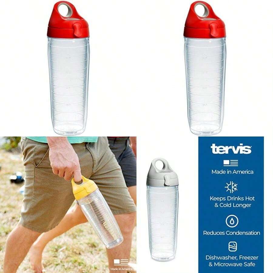 Tervis Made in USA Double Walled Clear & Colorful 24oz Lidded Insulated Tumbler Cup Keeps Drinks Cold & Hot, 24oz, Blue Lid(rojo (Red Lid) Botella de agua de 24 onzas) - Multicolor - Ver 1