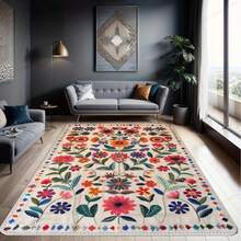 1 covor antiderapant cu model floral vintage, potrivit pentru sufragerie și bucătărie, poliester țesut ușor, rezistent la pete, covor dreptunghiular lavabil manual, grosime de 0,39 inch, fabricat la mașină - Multicolor - Vizualizare 3