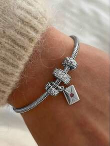 1件欧美时尚银色蛇骨链手链，配立方氧化锆珠吊坠，适合女性日常佩戴、约会、派对、节日礼物 - 銀色 - 查看 1