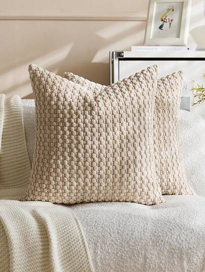 1pc Beige Bohemian Striped Throw Pillow Cover (Pillow Insert Not Included), Soft Plush Corduroy Solid Color Decorative Square Pillow Sham, Suitable For Holiday, Sofa, Bedroom, Bed, All Seasons