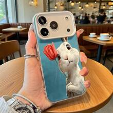 Funda de Teléfono Color Azul Diseño de Conejo Sosteniendo Tulipán Rojo Para Modelos de  y  Adecuada para Todas las Estaciones Opción de Regalo Ideal - Plateado - Ver 2