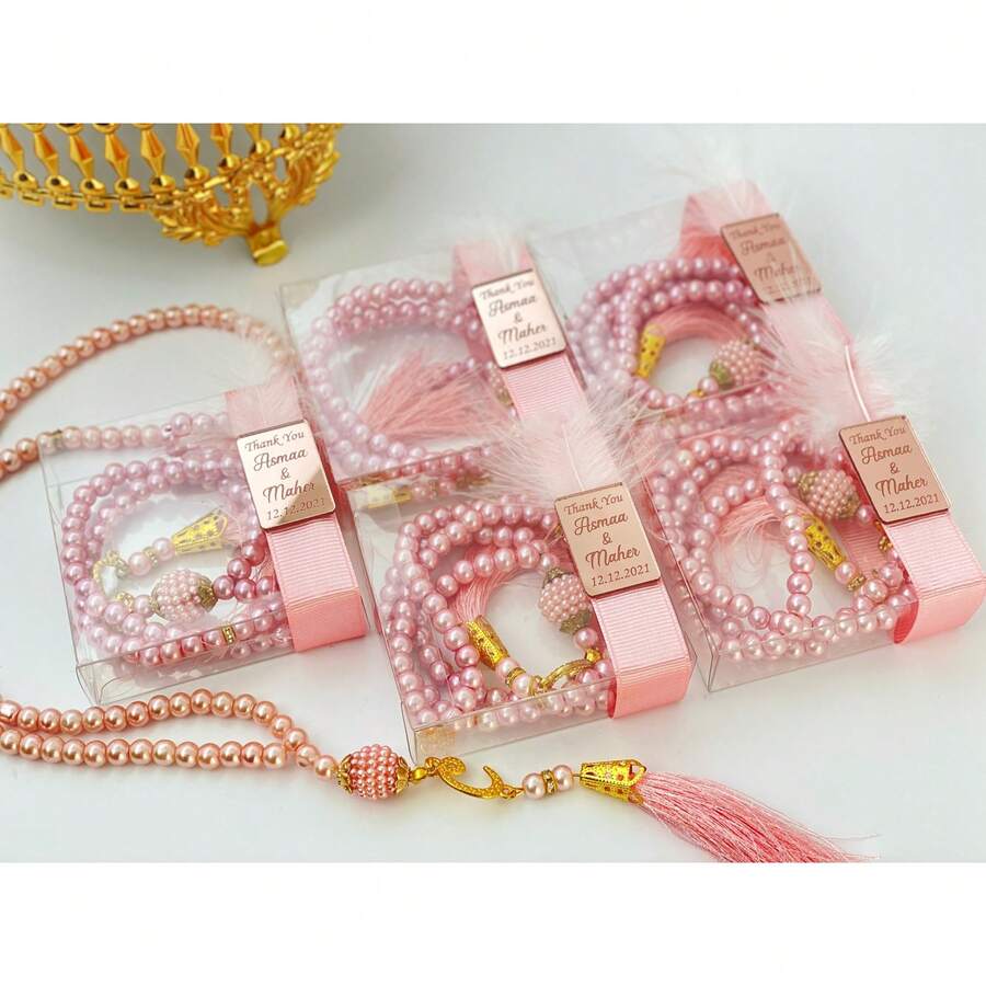 Personalized Islamic Prayer Beads: Muslim Wedding Favor, Hajj Gift, Valentine's Day Gift, Bridesmaid Gift, Graduation Gift, Easter Gift, Eid Gift, Baby Shower Gift - Light Pink Rosary Beads, Rose Gold Acrylic - View 1