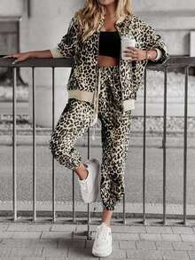 Women's 2-Piece Casual Set, Street Style Leopard Print Hoodie Sweatshirt And Loose Fit Pants, Dropped Shoulder Zip-Up Jacket, Comfortable Outfit Suitable For Casual Dates And Daily Activities, Spring/Autumn - Yellow - View 3