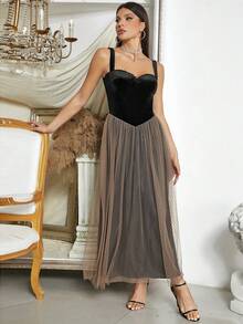 Women's Velvet Polka Dot Mesh Maxi Dress, Retro A-Line Evening Gown, Party Formal Dress - Black - View 9