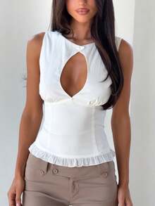 Women Y2K Ribbed Sleeveless Top Keyhole Cutout Back Lace-Up Ruffle Hem Cropped Going Out Party Club Top - Blanco - Ver 3