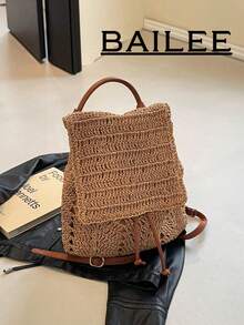 BAILEE 時尚休閒手工草編鏤空蓋抽繩後背包，適合搭配穿搭與送禮 - 棕色 - 查看 4