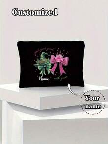 [Customized Name] Black Travel Pouch With Pink Glitter Accents - Lightweight Makeup Bag For Women, Wicked Witch & Wizard Of Oz Inspired, Zippered Toiletry Organizer, Ideal Gift For Daughter, Makeup Travel Bag
