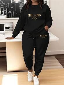Women's Casual Two-Piece Set,  Text Graphics Geometric Crew Neck Sweater And Sweatpants, Knitted Fabric, Stylish Long-Sleeved Loungewear - màu đen - Xem 1