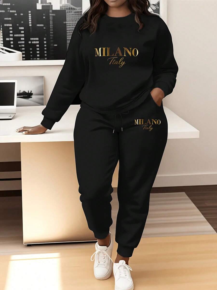 Women's Casual Two-Piece Set, Text Graphics Geometric Crew Neck Sweater And Sweatpants, Knitted Fabric, Stylish Long-Sleeved Loungewear - màu đen - Xem 1