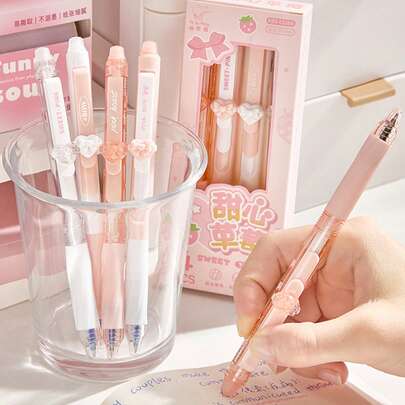 4pcs Erasable Gel Pens With Comfort Grip, 0.5mm Fine Tip, Black & Blue Ink - Cute Pastel Design With Bow & Strawberry Decor, Perfect For School, Exams, And Gift-Giving, School Stationery | Cute Gel Pens | Plastic Gel Pens, Pens For Writing