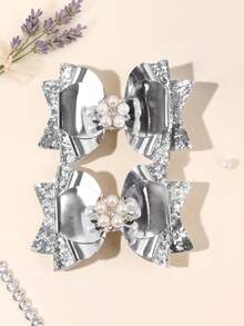 2 złote brokatowe kokardy do włosów dla dziewcząt, błyszczące perły, spinki krokodylkowe, błyszczące spinki do włosów, delikatne spinki na imprezę, błyszczące, słodkie, słodkie spinki do włosów, akcesoria do włosów dla nastolatków - Srebro - Zobacz 9