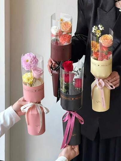 10 piezas Juego de papel de envoltura de flores en forma de cilindro - Colores surtidos (Rosa/Negro/Amarillo/Rojo) para ramos de flores de San Valentín, aniversario y cumpleaños, suministros de empaquetado floral DIY para floristerías y decoración festiva