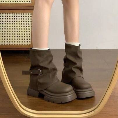 Melard Short Boots For Women, Brown  Boots, New Autumn And Winter Thick-Soled Western Boots, Vintage Slouch Boots