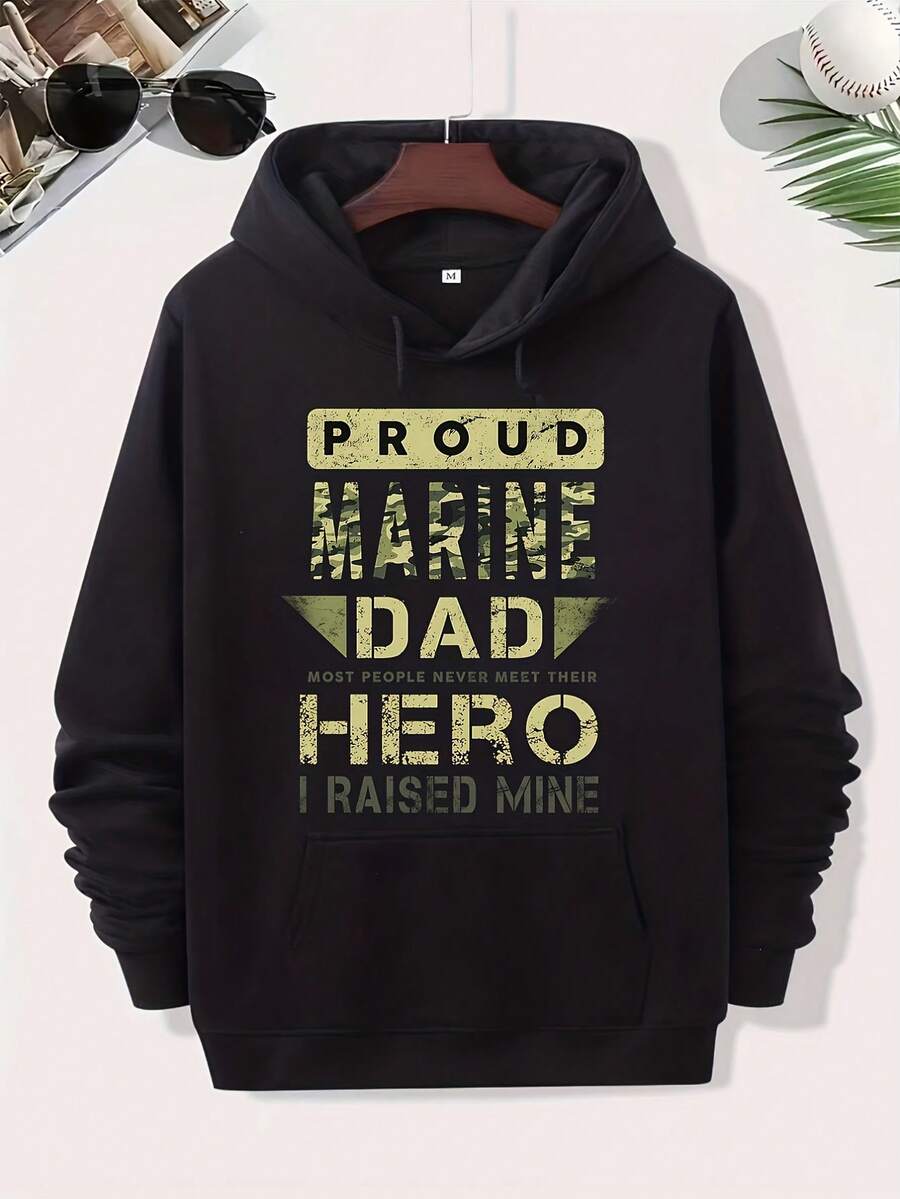 Proud Marine Dad I Raised My Hero Hoodie - Themed Pullover Sweatshirt With Name Text, Camouflage Lettering And Dog Tag Design, Casual Loose Fit Hooded Sweatshirt For _537 - Đen 2 - Xem 1