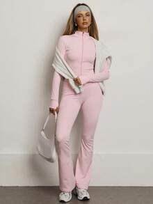 PinkTip Bộ đồ thể thao nữ Pink Tip màu trơn không đường may, áo khoác và quần legging co giãn, quần mềm mại ôm sát nâng mông, trang phục thể thao thường ngày cho tập thể dục, chạy bộ, yoga, pilates mùa xuân. - Hồng - Xem 4