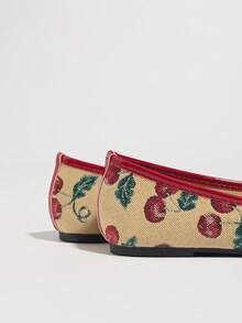 Women's Ballet Shoes, Slip-On Round Toe Casual Loafers With Cherry Blossom & Bow Design, Suitable For Dresses - Apricot - View 9