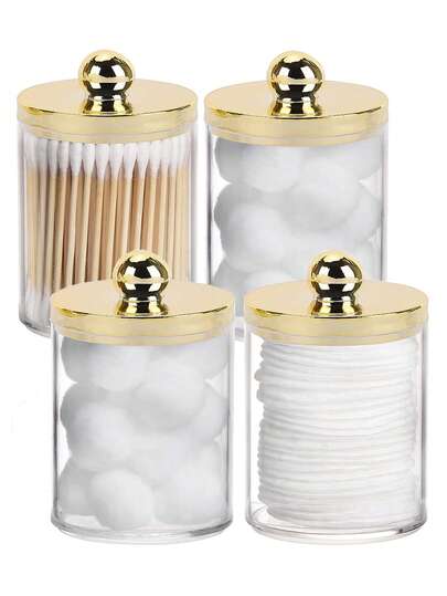 1/2/3/4 支装塑料棉签球垫收纳盒，10 盎司浴室收纳盒，带金色盖子的透明棉签罐