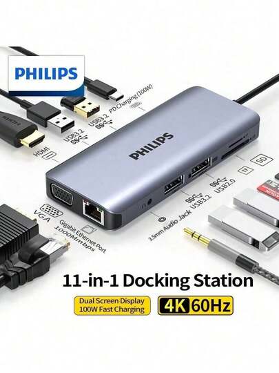 PHILIPS SWR1688B 11-In-1 Type-C Dock: HDMI, VGA, Dual-Screen Display, USB 3.0 Data Interface, PD Charging, Gigabit Ethernet Port. Compatible With Various Laptops.