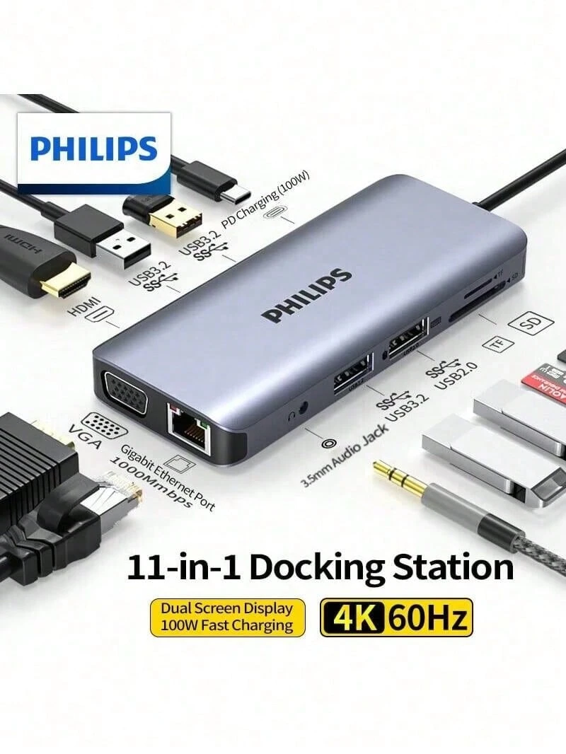 PHILIPS SWR1688B 11-In-1 Type-C Dock: HDMI, VGA, Dual-Screen Display, USB 3.0 Data Interface, PD Charging, Gigabit Ethernet Port. Compatible With Various Laptops. - Space Gray - View 1