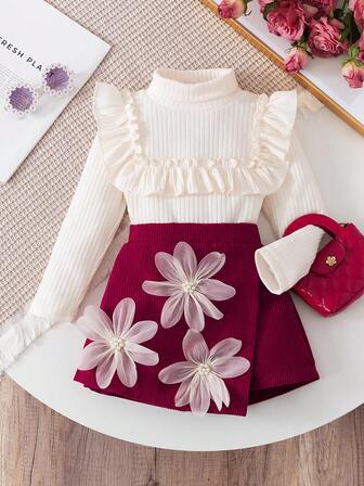 2pcs/Set Toddler Girls' Casual High Collar Ruffle Long Sleeve Top + Elegant Floral Beaded Corduroy Skort, Outfit