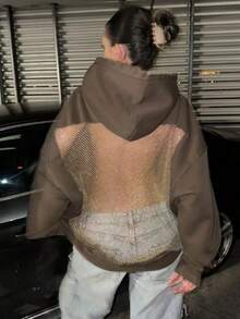 Women Mesh See Through Back Hoodies Women Hoodie Sweatshirt Back Sequin Mesh See Through Fishnet Sheer Glitter Pullover Long Sleeve Backless Tops With Pocket - 卡其色 - 查看 2