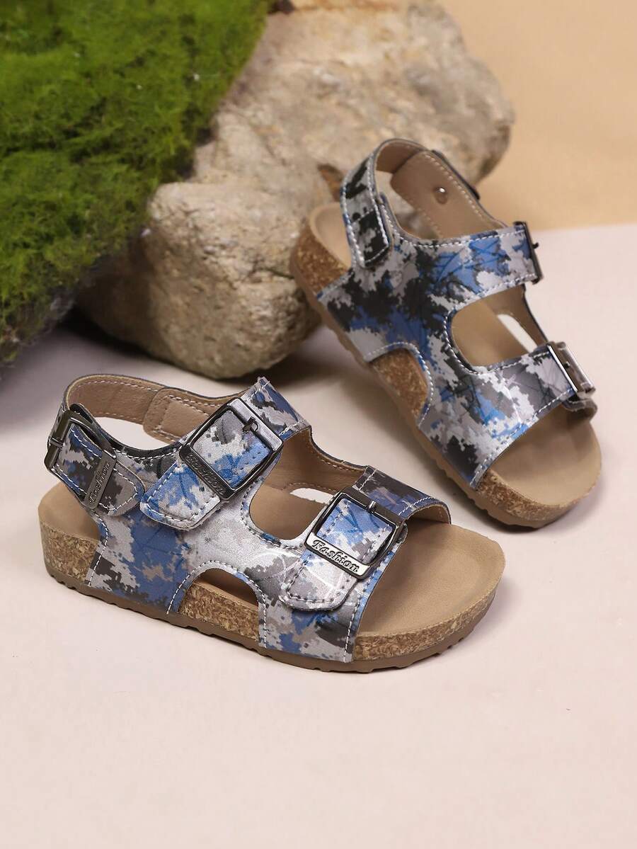 1双儿童搭扣设计PU防滑软底露趾复古凉鞋，适合夏季穿着 - 彩色 - 查看 1