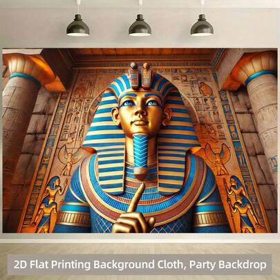 2D平面单片背景布，古埃及法老雕塑图案，金色和蓝色涤纶材质，耐用面料，适用于摄影、直播、婚礼、派对等室内/室外装饰，无需用电，易于悬挂。