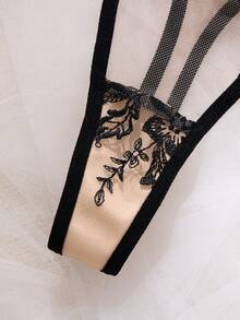 Valentine's Day Sexy Underwear For Women, 3pcs Women's Elegant European Black Flower Embroidered Sexy Lingerie Set - Semi-Sheer Full Ensemble (Bra, Belt & Low-Rise Thong) - No Padding, Lingerie For Date Night, Party Costume, Gift - Hand Washable For Small To Normalr - 黑色 - 查看 6