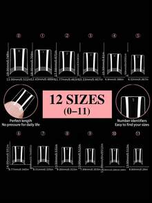 600 piezas Puntas de uñas artificiales cuadradas acortadas y en punta, rectas, transparentes, con forma francesa prediseñada para extensión de uñas, 12 tamaños, DIY para salón - transparente - Ver 4