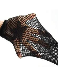 1 双新款五角星图案网眼手套，带网眼拼接，弹性袖口，半指设计，派对风格，长款 - 黑色 - 查看 6
