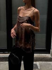 Women Y2k Lace Patchwork Satin Camisole Tops Chiffon Split Sleeveless Spaghetti Strap Tank Tops Flowy Silky Layering Tops Going Out Dress Shirt Camisoles Streetwear Aesthetic Clothes - 棕色 - 查看 2