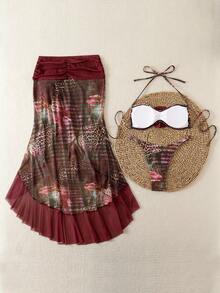 3pcs Women's Floral Print Elegant Sexy Backless Tie-Up 3D Flower Vacation Beach Outfit, Includes Bikini Top, Skirt, Spring/Summer - Multicolor - View 6