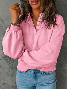 Plus Size Women's Solid Color Button Lantern Sleeve T-Shirt - Pink - View 2