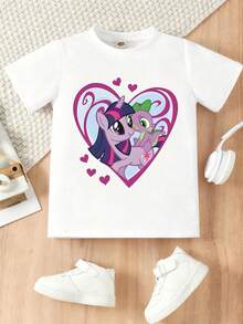 [ma baoli] camiseta de verano para niñas - estampado de lindo pony - suéter estampado de cuello redondo, con tejidos blandos de poliéster, adecuado para niñas en verano, envío de almacenes locales, ropa de verano para niñas de estilo dibujos animados, adecuado para ocasiones diarias, viajes. - Blanco - View 2