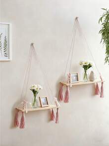 1件/2件装粉色流苏编织悬挂式置物架，串珠流苏绳壁挂式置物架，少女波西米亚风木质悬浮置物架，室内卧室梳妆台客厅壁挂式置物架，时尚绳编悬挂式置物架，可用于摆放植物、照片等装饰，现代波西米亚风悬挂式储物架，多功能粉色丝带装饰置物架，优雅串珠流苏悬挂式置物架，时尚女孩房墙面展示架 - 彩色 - 查看 5