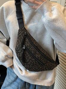 Damen Mode Leoparden Muster Winter Schräge Schulter Hüfttasche, gewebter Reißverschluss Lässig Hüfttasche, Outdoor Sport Crossbody Brusttasche - Kaffeebraun - Übersicht 9