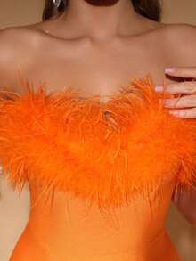 Đầm trễ vai không tay gợi cảm, đính lông vũ giả, hở lưng, kiểu băng bó, thích hợp cho khách dự đám cưới, phù dâu, Giáng sinh, sinh nhật, đầm dạ hội thanh lịch dành cho nữ mùa xuân. - trái cam - Xem 8