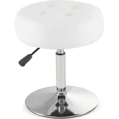 White Vanity Chair For Makeup Room Round Ottoman Tufted PU Leather Makeup Chair Vanity Stools For Bathroom Height Adjustable 360 Swivel