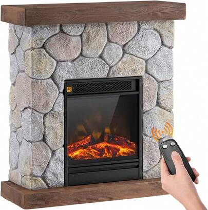 Bakaji Camino Elettrico a Muro con Cornice Effetto Pietra, Caminetto 2000W, Silenzioso Design Moderno, Stufa a Parete, Termostato Digitale, Effetto Fuoco Realistico (Cortina)