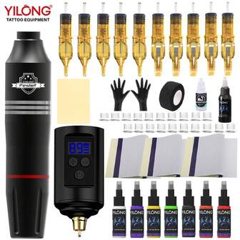 YILONG Kit de pluma para tatuajes, kit de tatuaje, kit de máquina de tatuaje con fuente de alimentación, 7 tintas para tatuajes, 10 agujas para tatuajes para principiantes