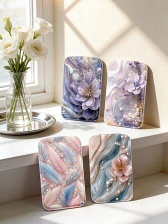 Marble Flower Printed PU Leather Mirror With Non-Slip Base & Adjustable Angle, Elegant Style For Bedroom Vanity, Bathroom, Bedroom Makeup And Decoration, Suitable For Dates, Parties, Classrooms, Indoor And Outdoor, Christmas Scenes