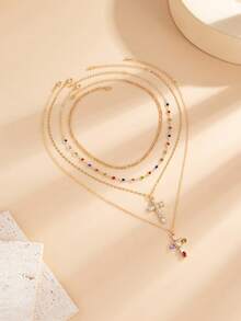 4pcs Vintage Fashionable Multi-Element Metal Cross Pendant Necklace, Layered Charm Necklace Set For Women - Yellow Gold - View 8