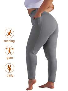 Pantalon de yoga taille haute avec poches, legging de yoga de contrôle du ventre pour le sport et la course, pour femmes grande taille - Gris - Voir 5