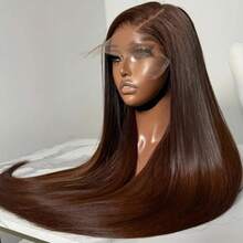 Pelucas mezcladas: una mezcla de cabello humano y sintético, peluca frontal de encaje marrón chocolate 13x4 13*6 HD transparente con raya recta, pelucas frontales de encaje pre-arrancadas, pelucas frontales de encaje de cabello mezclado humano con una densidad del 200% (pelucas bob de 8-16 pulgadas, pelucas largas de 18-34 pulgadas) - S4 - Ver 2