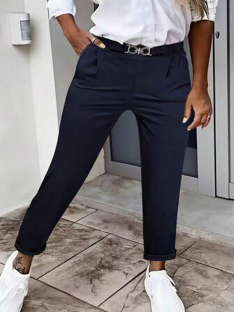 大码纯色褶皱口袋休闲弹力裤