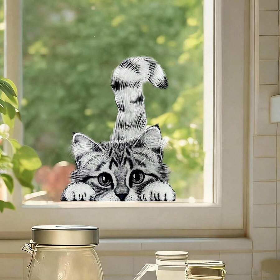 Autocolant de fereastră cu pisoi drăguț - Autocolant de sticlă static fără lipici, decor adorabil cu pisică care se uită pe furiș pentru casă, bucătărie, baie, artă de perete reutilizabilă cu animale detașabile, decor de casă în tendințe 2025. Autocolante de sticlă - autoadezive, autocolante detașabile din vinil, potrivite pentru decorarea ferestrelor din dormitor și sufragerie