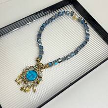 1PC Retro Colorful Moen Face Moon Star Beaded Necklace For Women, Unique Personality Design Collarbone Chain, Suitable As A Gift For Friends, Perfect For Daily Wear, Dates, Travel Photos, High-End Necklace Accessory For Friends, Suitable For Daily Wear - 12-4562藍色笑臉項鍊Z-2435 - 查看 1