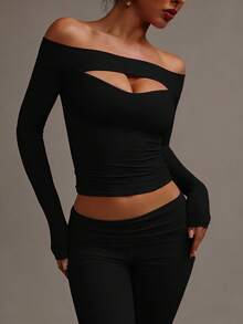 XLLAIS Fall Winter Clothes For Women 2025 Sexy Long Sleeve Black Off The Shoulder Tops High Strech Hollow Out Fitted T Shirt Christmas Party Wear - Black - View 3