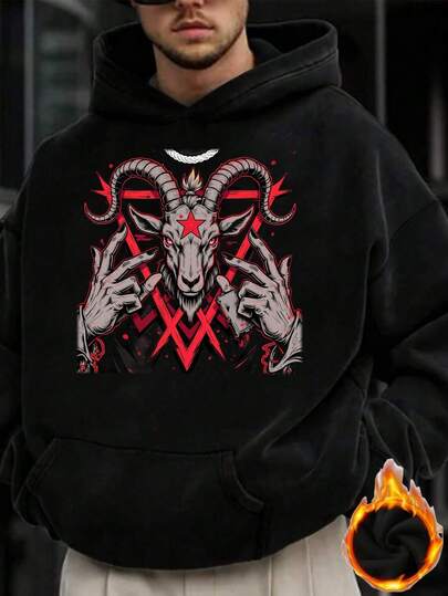 Sudadera con capucha gráfica de cabeza de cabra Baphomet Pentagram para hombres y mujeres - Sudadera de moda urbana con estampado oculto rojo y negro con bolsillos, ajuste holgado, sudadera gótica para Halloween, atuendos casuales y eventos temáticos - Sudadera con capucha unisex lavable a máquina